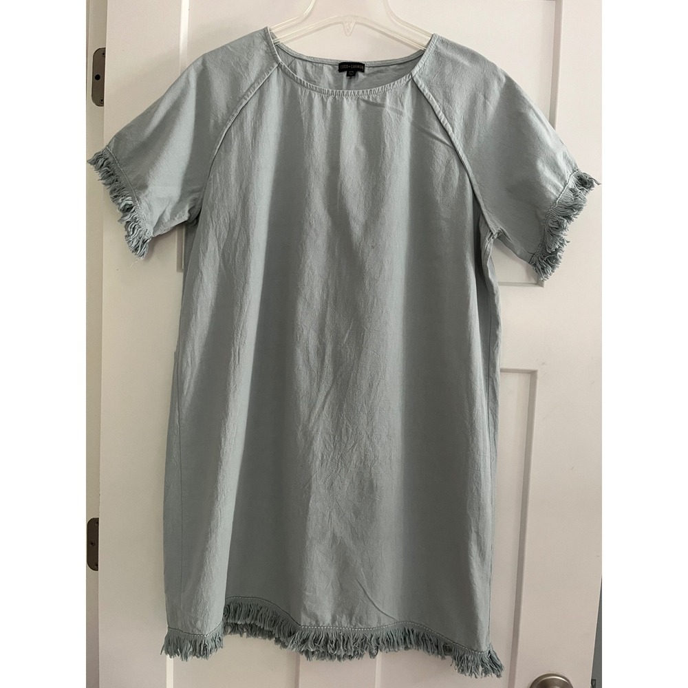 Coco + Carmen Sage Blue Green Cotton‎ Fringe Trim Shift Dress Womens Size SM